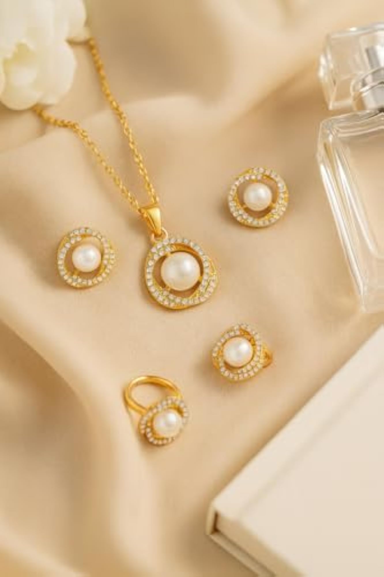 Women's Stylish Golden Finish Pearl Stud Earrings, Ring & Chain Pendant Set